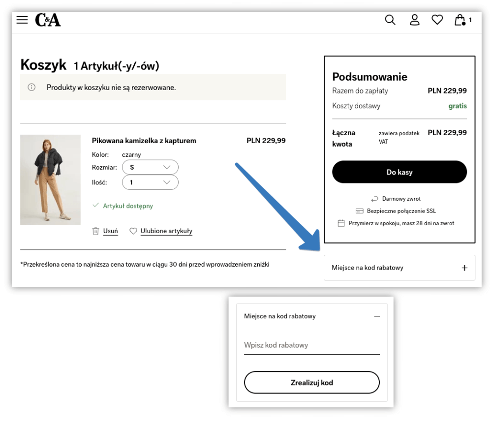 Gdzie wpisać kod rabatowy w C&A?