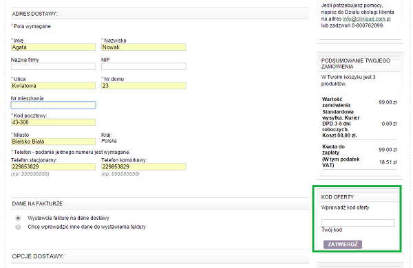 Miejsce wpisywania kodu rabatowego Clinique