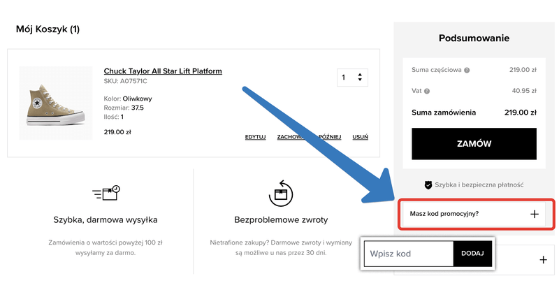 Gdzie jest pole na kod rabatowy w Converse?