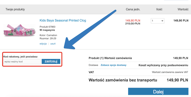 Gdzie jest pole na kod rabatowy w Crocs