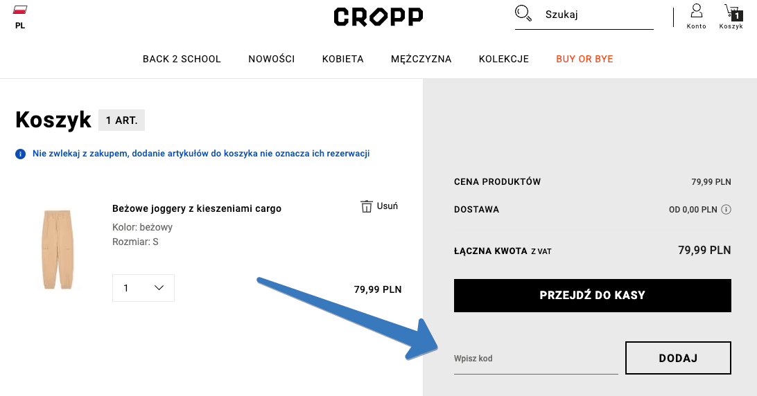 Gdzie wpisuje się kod rabatowy na stronie cropp?