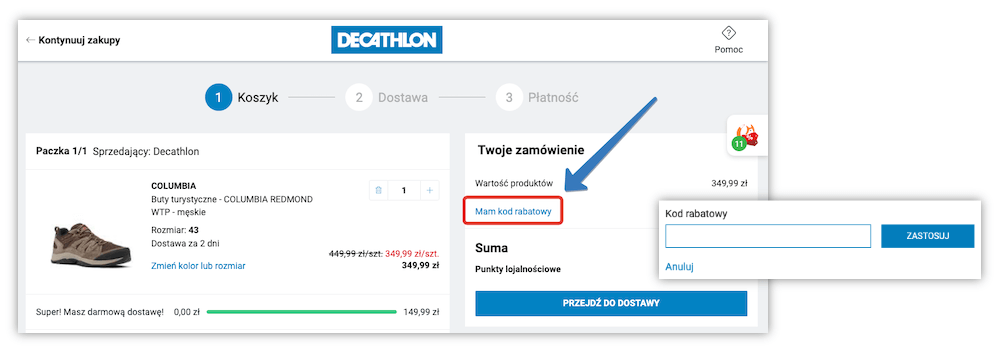 Gdzie jest pole na kod rabatowy w Decathlonie?