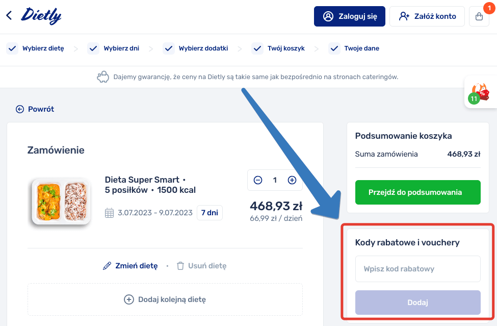 Gdzie się wpisuje kod rabatowy Dietly?
