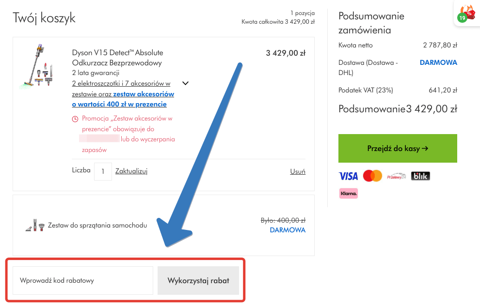 Gdzie wpisuje się kod rabatowy Dyson