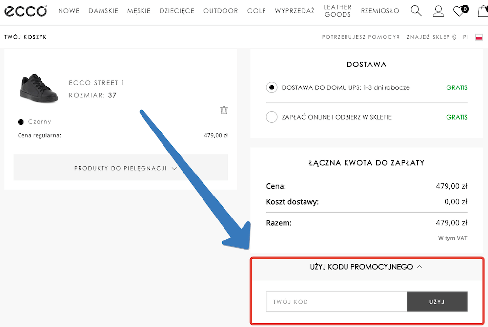 Gdzie wprowadza się kod rabatowy w Ecco?