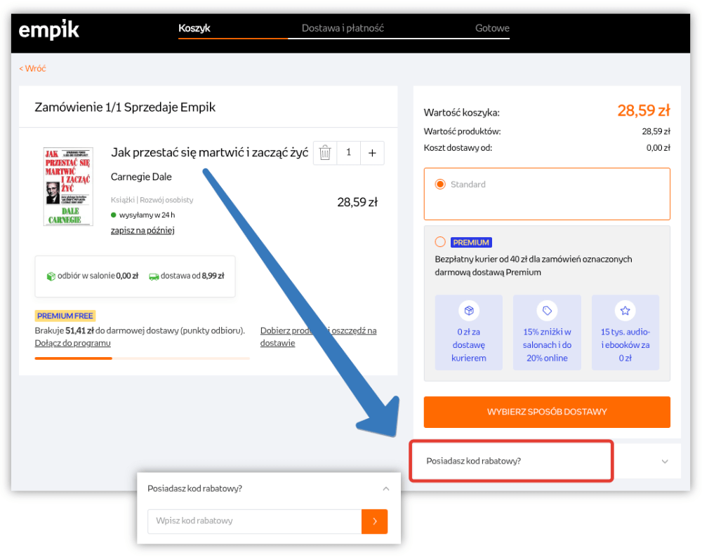 W którym miejscu znajduje się pole na kod rabatowy na empik.com?