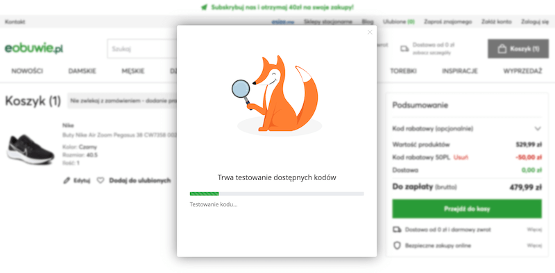 Testowanie kodów do eobuwie za pomocą wtyczki Picodi
