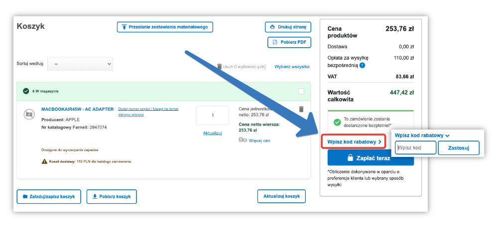 Farnell – gdzie wpisać kod rabatowy?