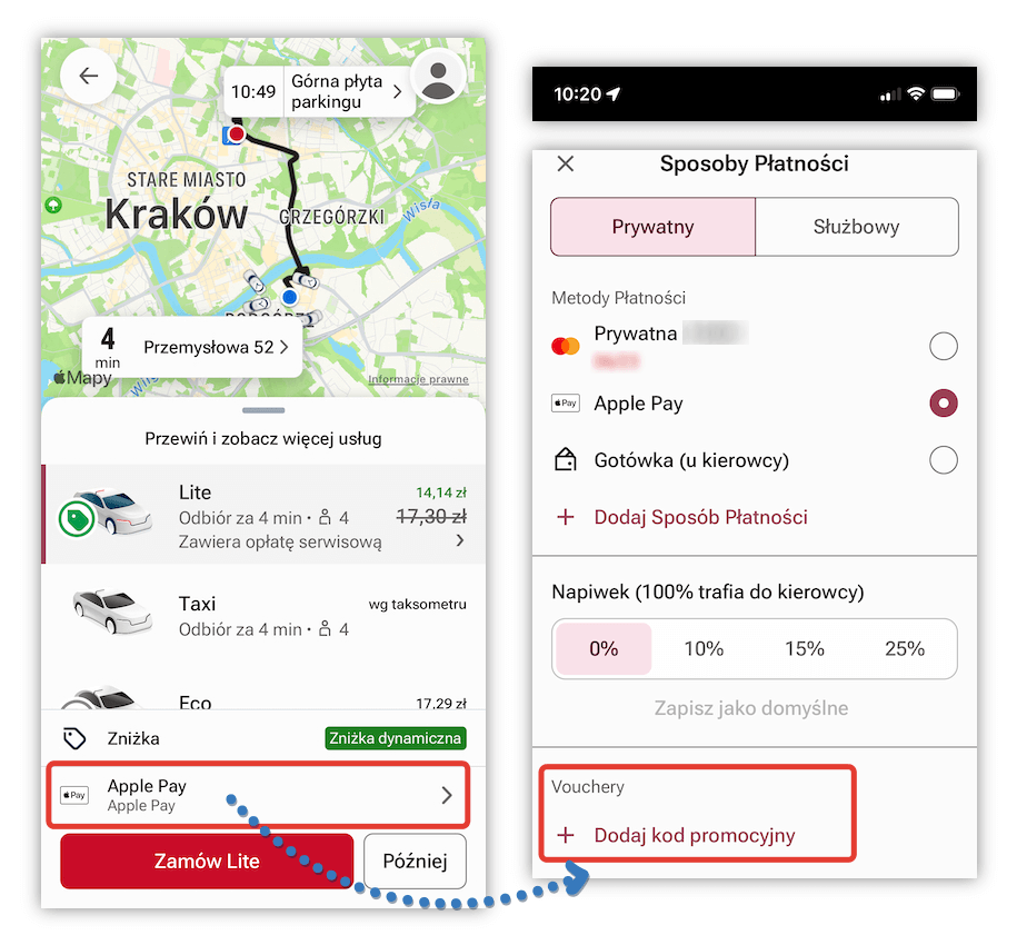 Aktywacja kodu promocyjnego FREE NOW w trakcie zamawiania przejazdu