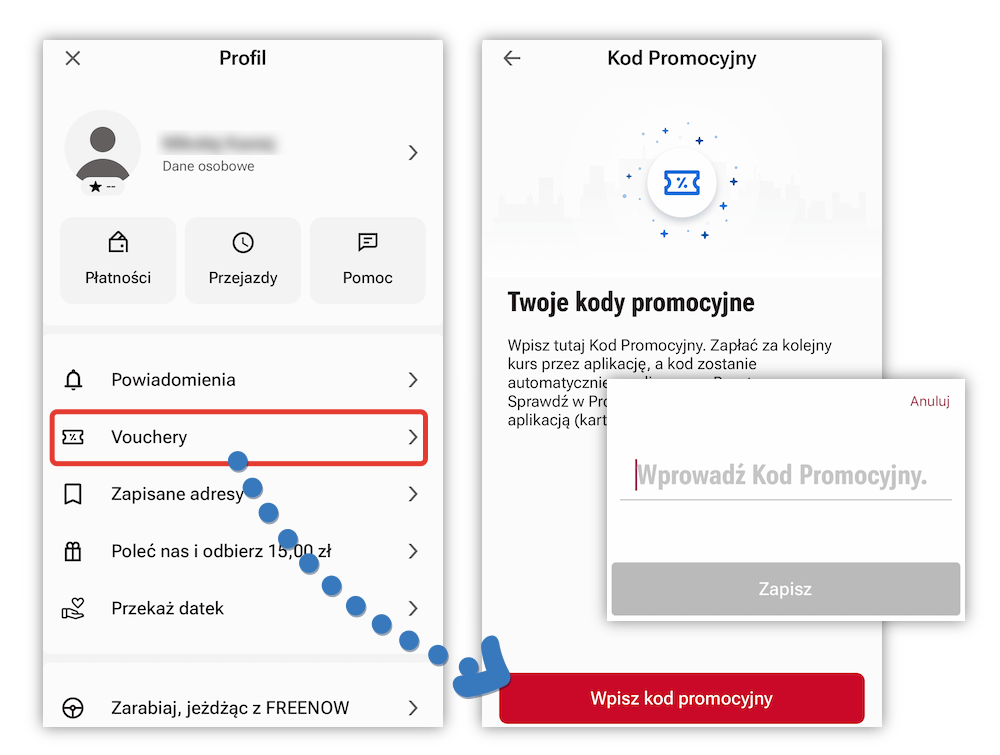 Aktywacja kodu promocyjnego FREE NOW w profilu