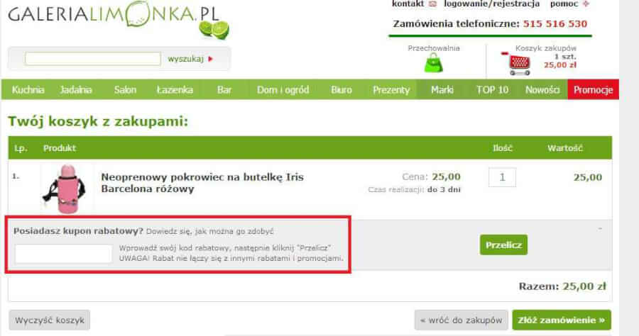 Miejsce do wpisania kodu rabatowego w sklepie Galeria LImonka
