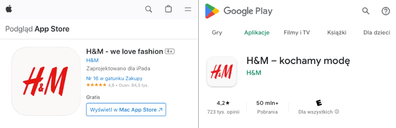 Opinie nt. aplikacji H&M w sklepach App Store i Google Play