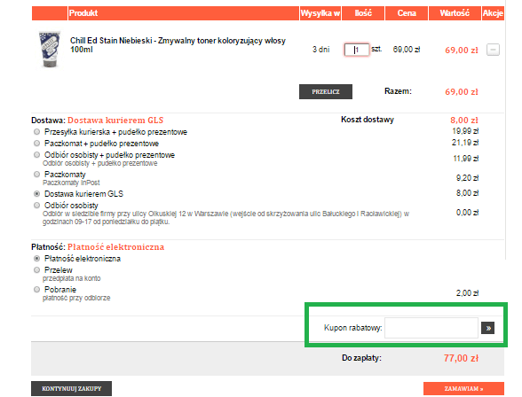 miejsce wpisywania kuponu rabatowego hair2go