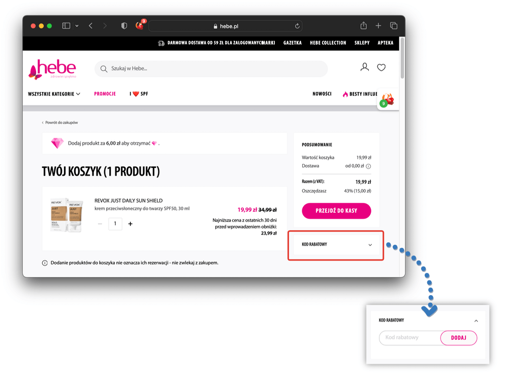 Gdzie wpisać kod rabatowy w sklepie Hebe