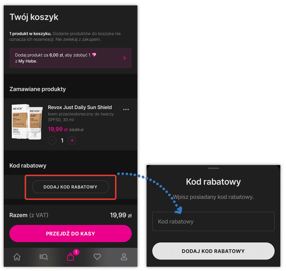 Gdzie wpisać kod rabatowy w aplikacji Hebe