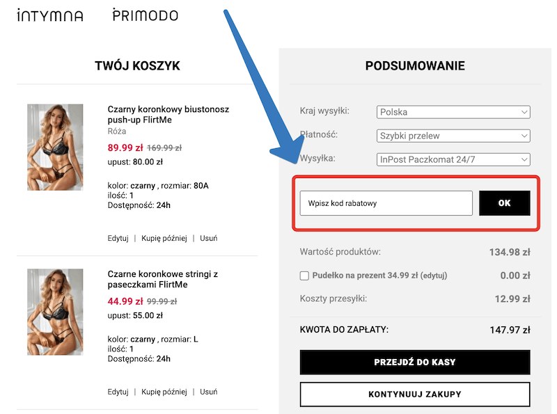 Gdzie jest pole na kod rabatowy na intymna.pl