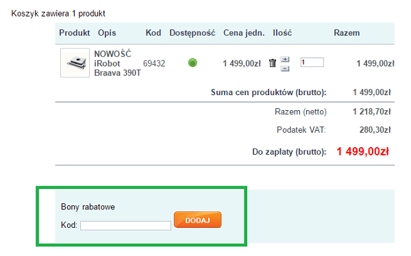bon rabatowy irobot - miejsce wpisywania