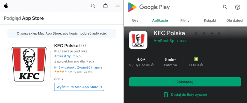 Oceny aplikacji KFC
