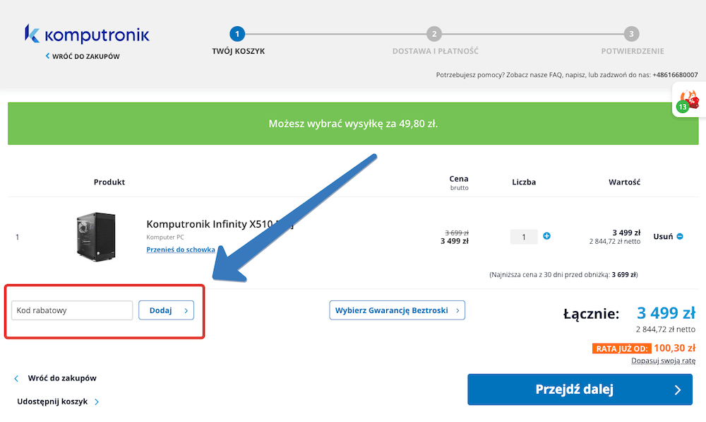 Gdzie jest pole na kod rabatowy w Komputroniku