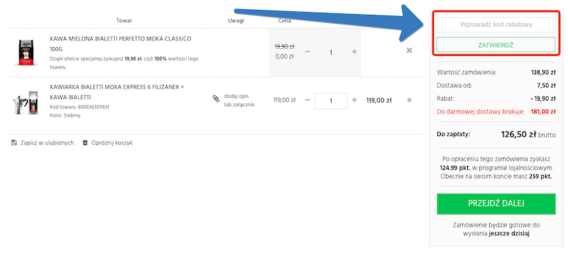 Pole na kod rabatowy w Konesso