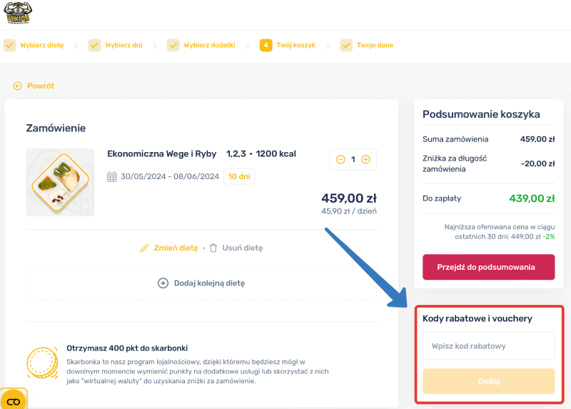 Kod rabatowy Kuchnia Vikinga – pole na kod w koszyku