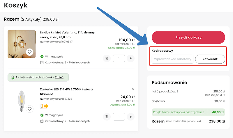 Gdzie jest pole na kod rabatowy na lampy.pl