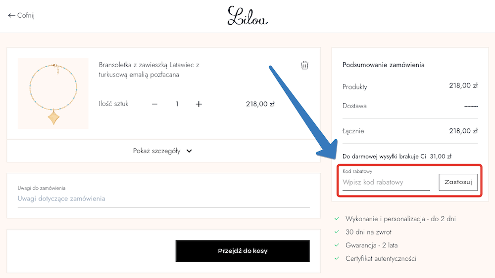 Gdzie wprowadzić kod rabatowy Lilou?