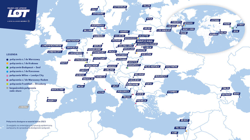 Siatka połączeń LOT w Europie i na świecie