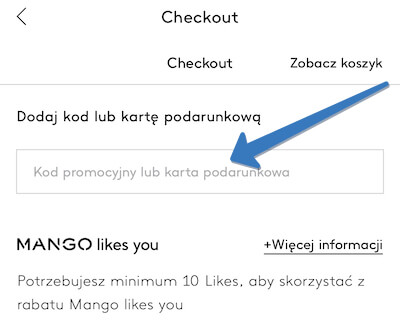 Pole na kod rabatowy w aplikacji MANGO