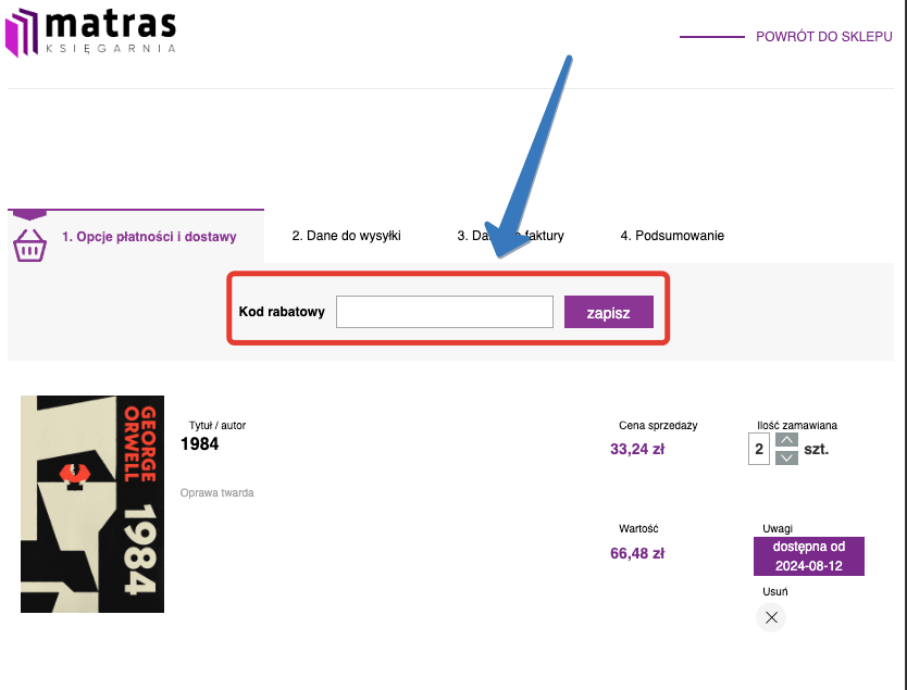 Pole na kod rabatowy w księgarni online Matras