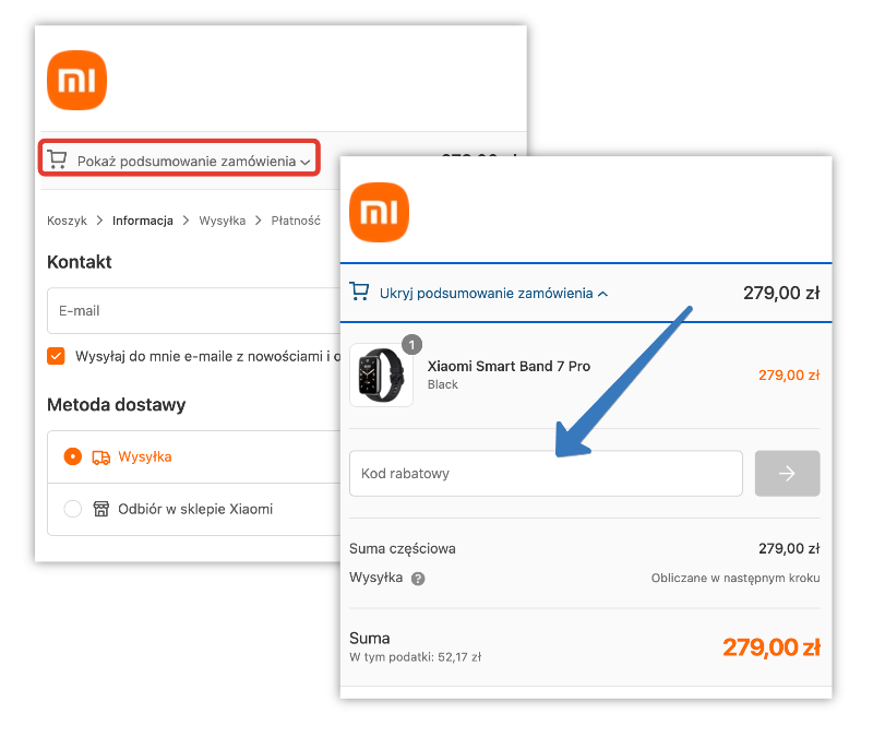 Gdzie jest pole na kod rabatowy w mi-home – mobile