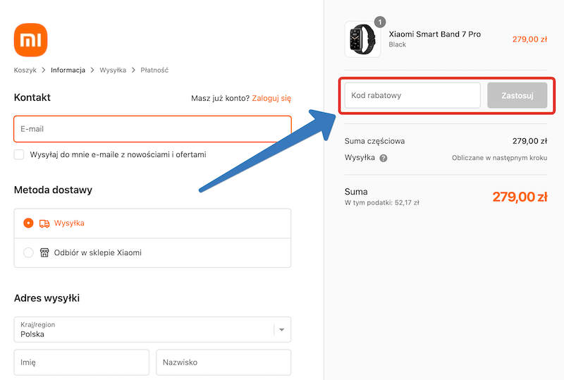 Gdzie jest pole na kod rabatowy w mi-home – desktop