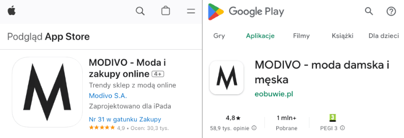 Aplikacja mobilna Modivo – oceny w sklepach AppStore i Google Play