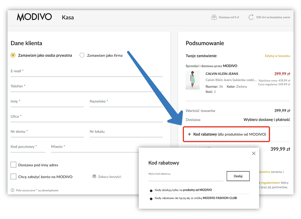 Gdzie znajduje się pole na kod rabatowy Modivo