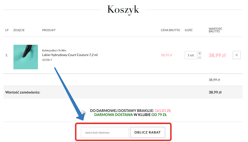 Pole na kod rabatowy w koszyku w sklepie online Neonail