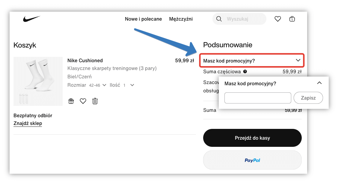 Gdzie wpisuje się kod rabatowy na Nike.com