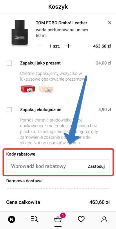 Gdzie się wpisuje kod rabatowy w aplikacji Notino?