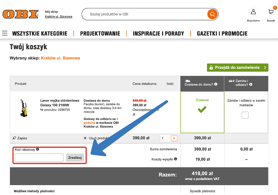 Gdzie trzeba wpisać kod rabatowy w Obi