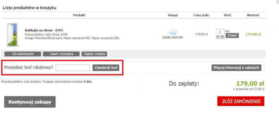 Miejsce wpisywania kodu rabatowego dla sklepu oklejaj.pl
