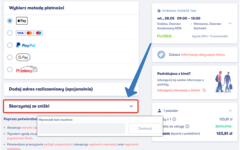 Gdzie jest pole na kod vouchera Omio?