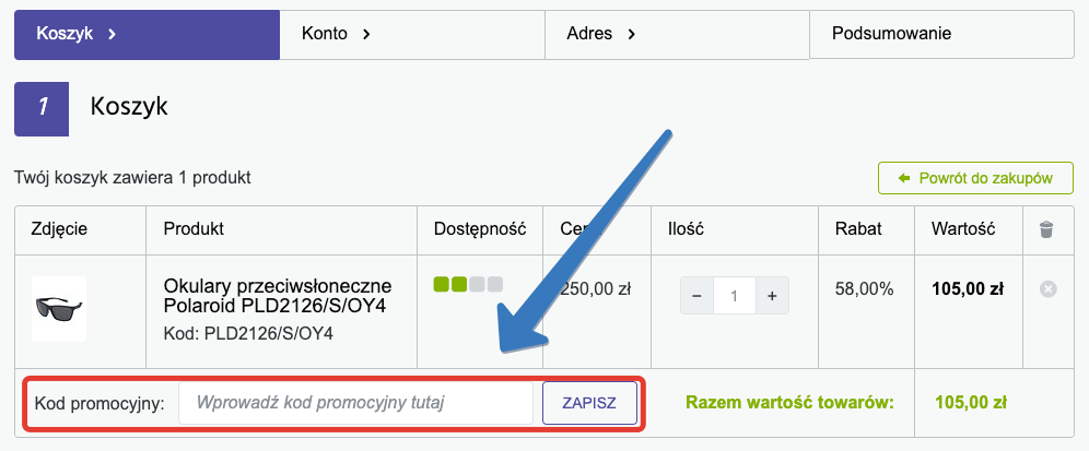 Gdzie jest pole na kod rabatowy w Optiva.pl?