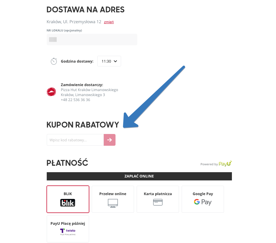 Gdzie wprowadzać kody rabatowe Pizza Hut zamawiając online?