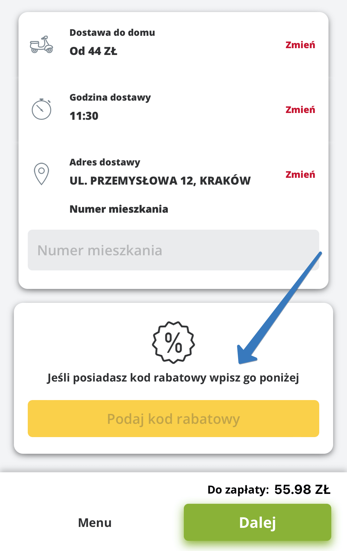 W którym miejscu znajduje się pole na kupon rabatowy w aplikacji Pizza Hut?