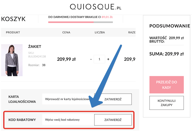 Pole na kod rabatowy w sklepie internetowym quiosque.pl