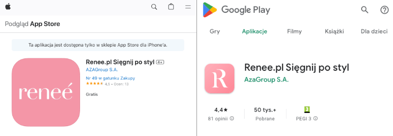 Oceny aplikacji mobilnych Renee w AppStore i Google Play
