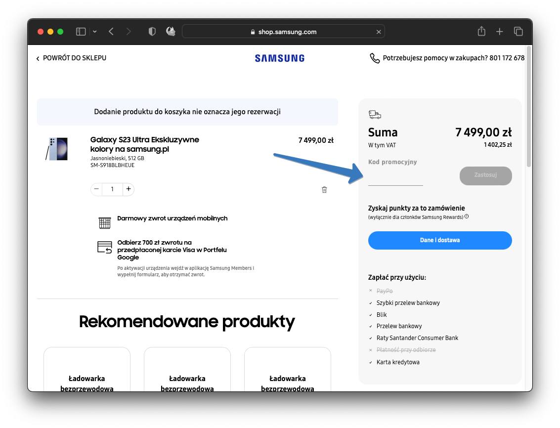 Pole na kod promocyjny w sklepie interntowym Samsung