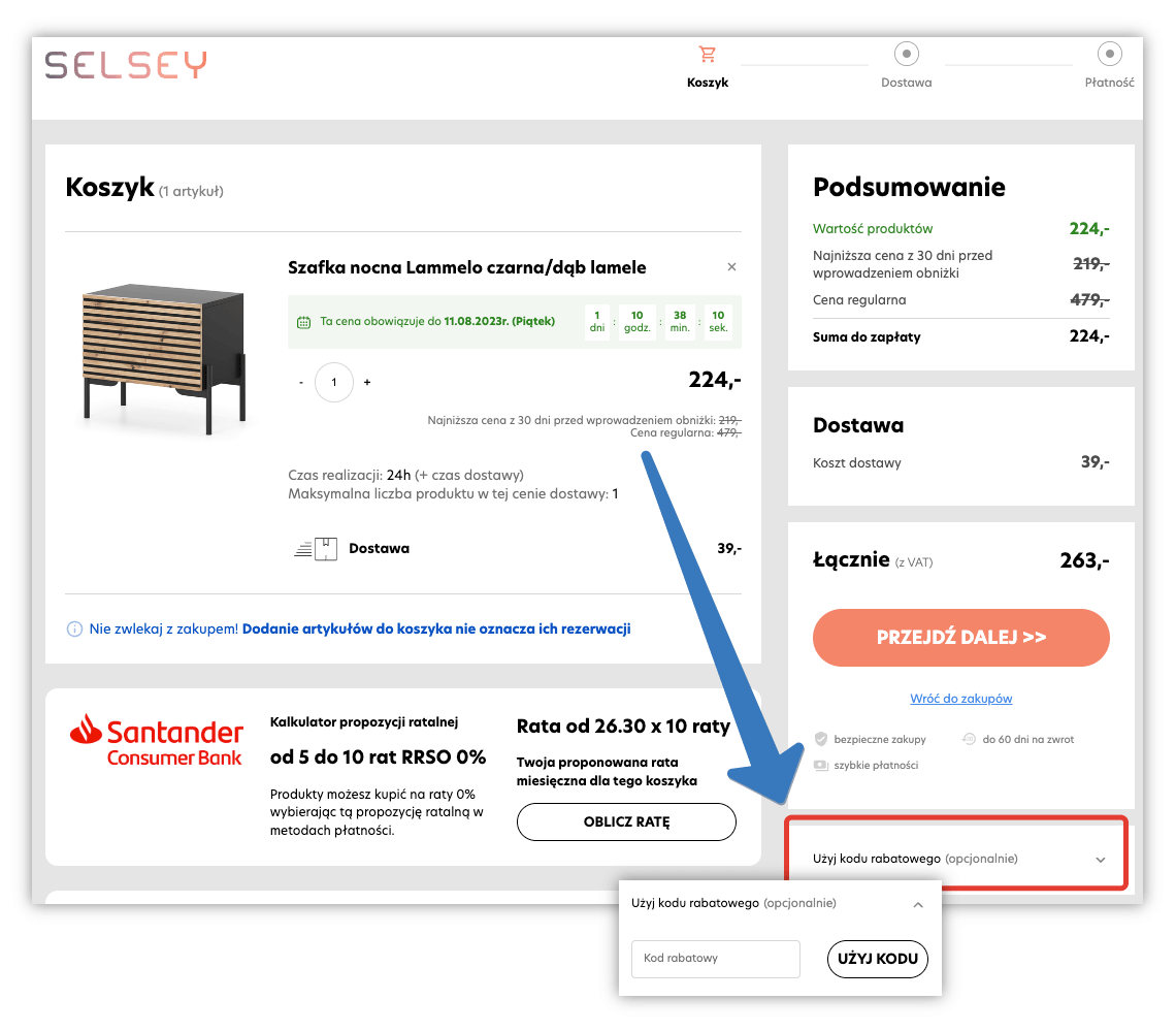 Jak aktywować kod rabatowy w Selsey