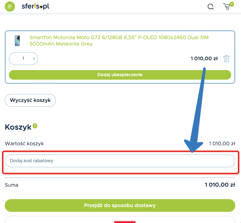 Pole na kod rabatowy w wersji mobilnej strony sferis.pl