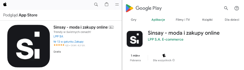 Aplikacja mobilna Sinsay