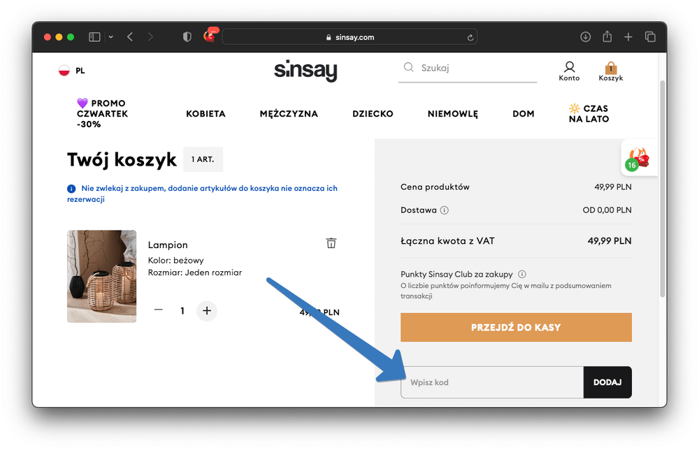 Gdzie wpisać kod rabatowy Sinsay